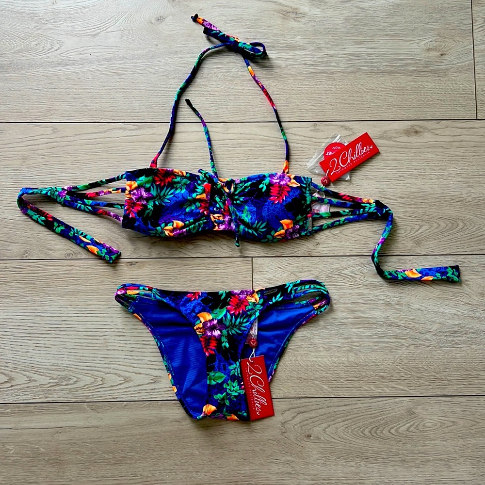 2chillies swim australian bikini set bandeau floral blue purple pool beach new
